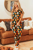 Pumpkin Printed Short Sleeve Top and Pants Lounge Set - felvior