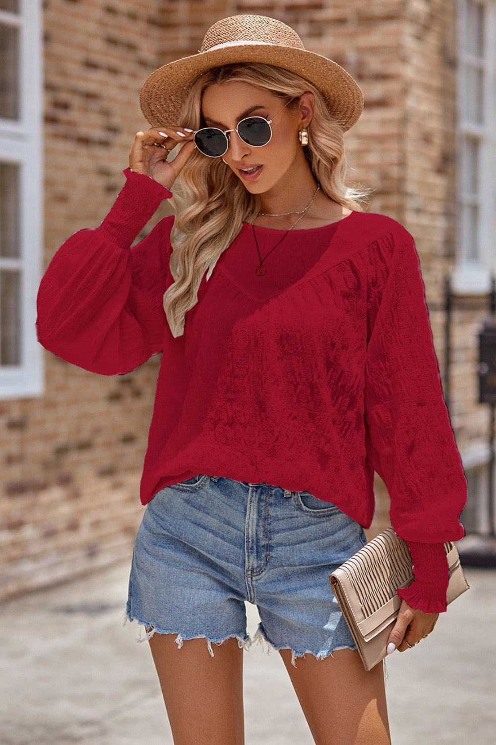 Ruched Round Neck Lantern Sleeve Blouse - felvior