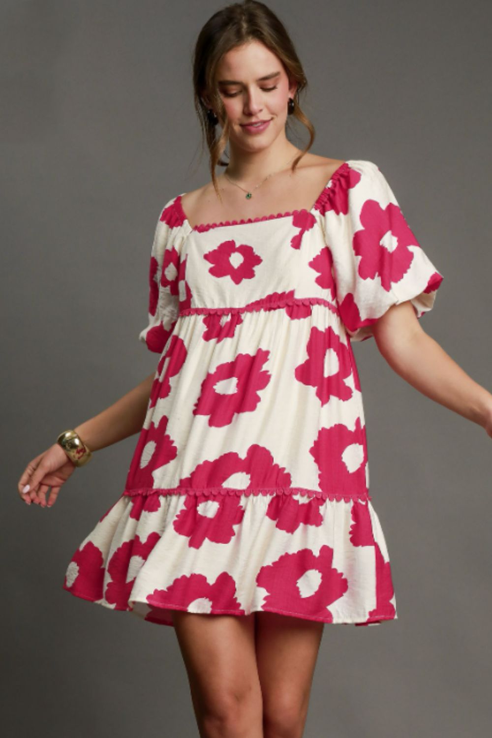 Umgee Full Size Contrast Floral Short Sleeve Mini Dress Plus Size