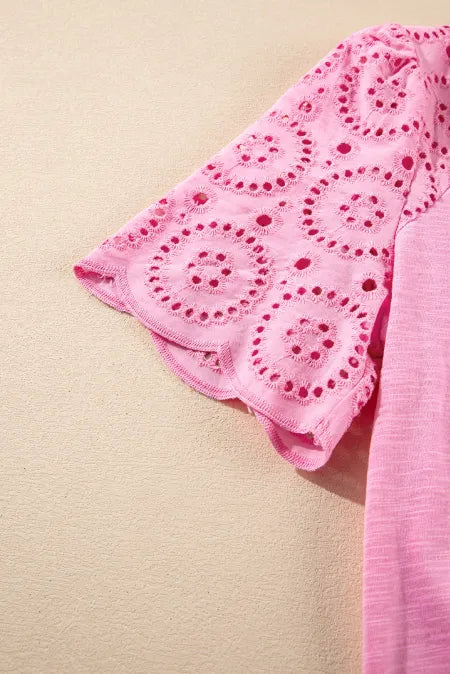 Eyelet Embroidery Scalloped Sleeve Round Neck Top - felvior