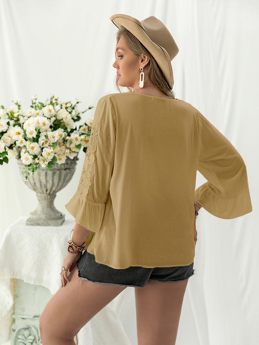 Plus Size Lace Detail V-Neck Flounce Sleeve Blouse - felvior