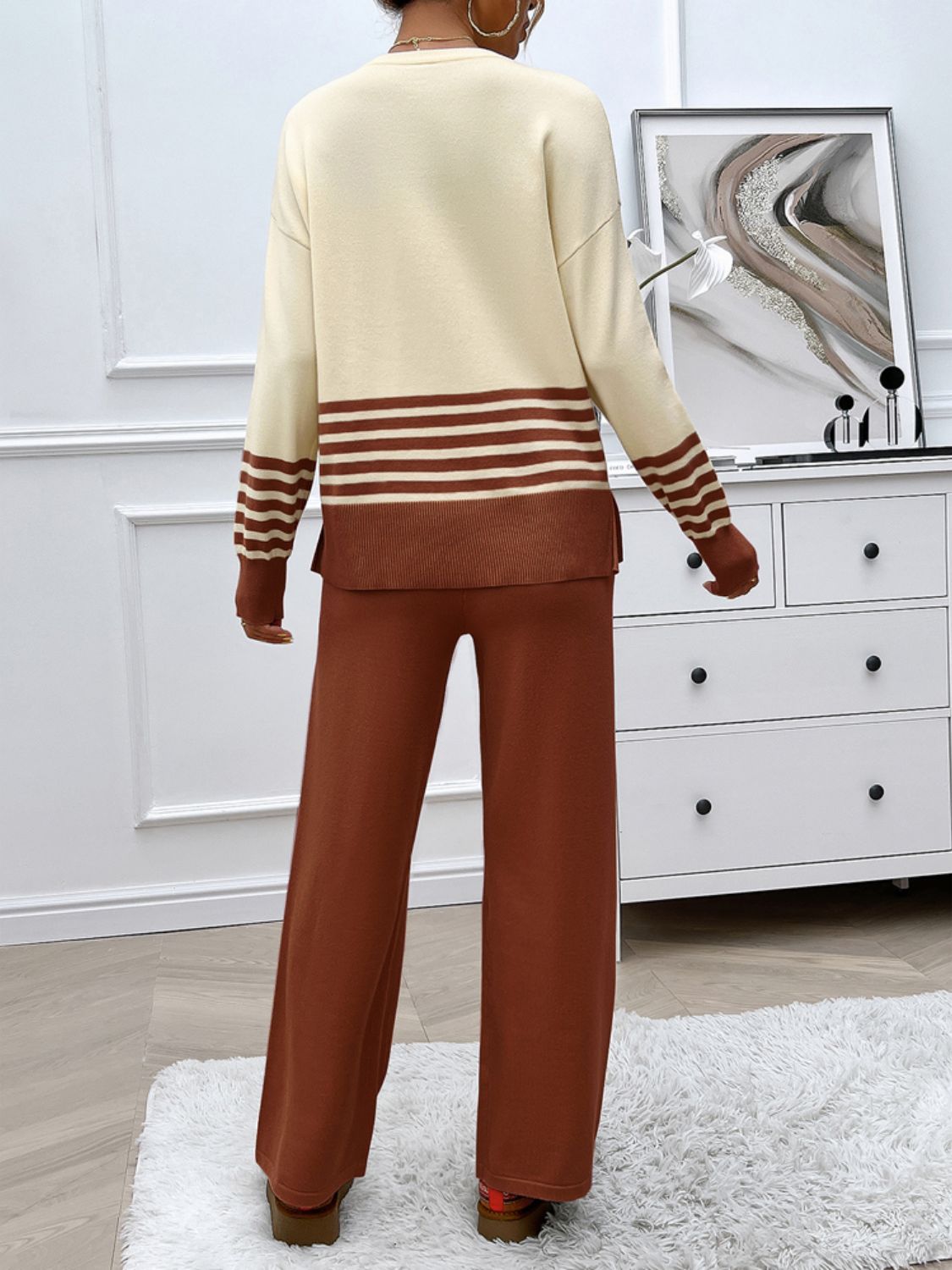 Devine Slit Striped Round Neck Top and Pants Sweater Set - felvior
