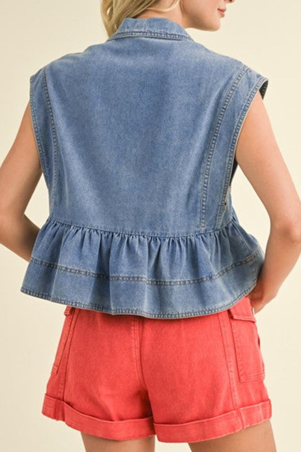 Lapel Collar Peplum Denim Top