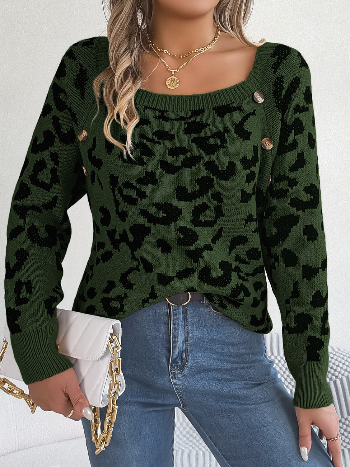 Leopard Buttoned Square Neck Sweater - felvior
