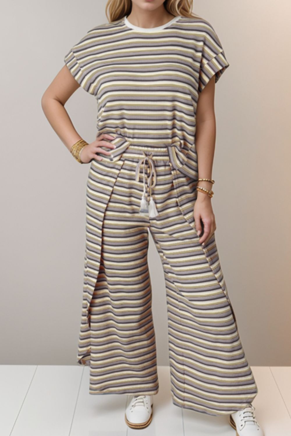 Striped Round Neck Short Sleeve Top and Pants Set - felvior
