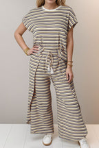 Striped Round Neck Short Sleeve Top and Pants Set
