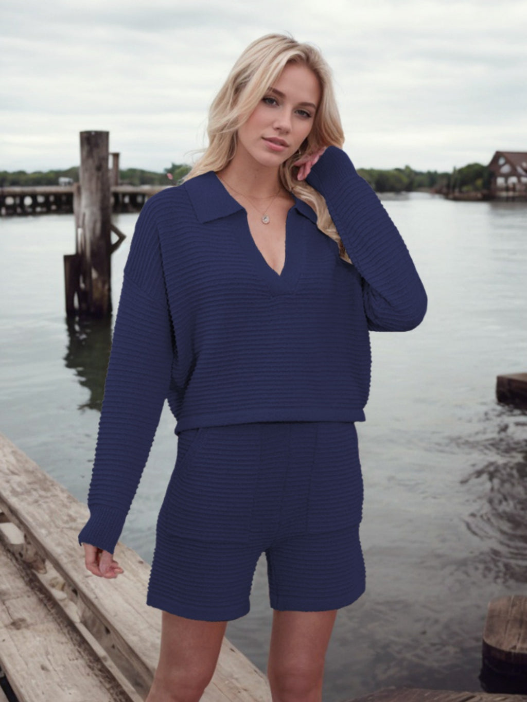 Johnny Collar Long Sleeve Top and Shorts Sweater Set