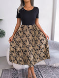 Printed Round Neck Pleated Dress - felvior