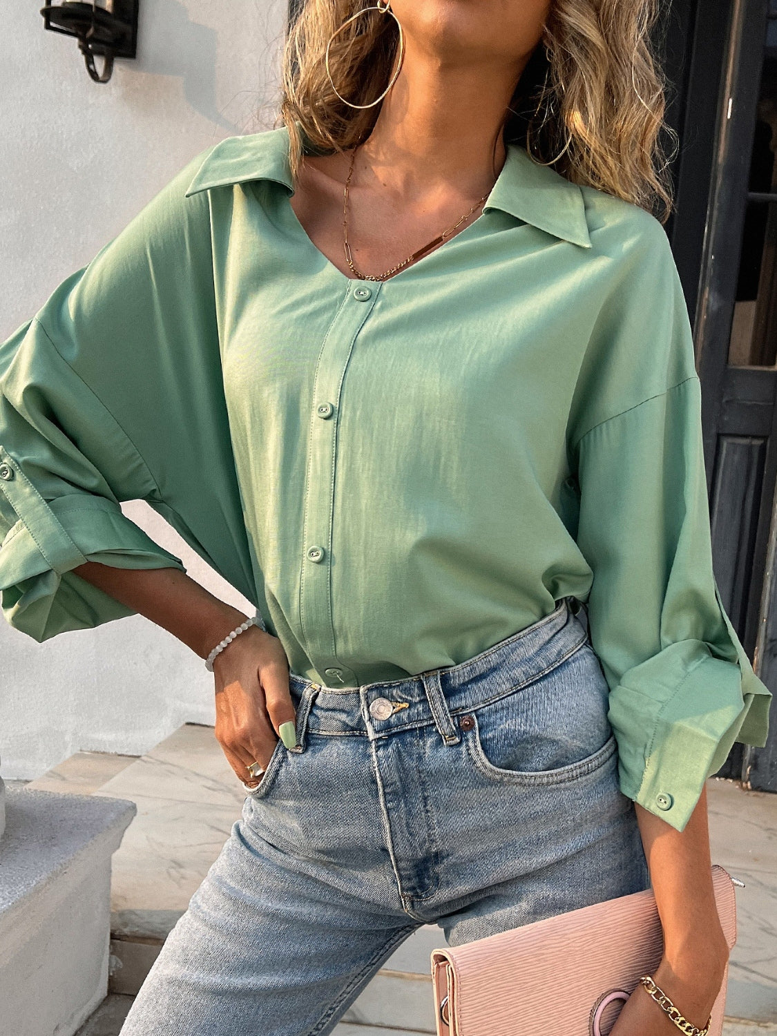 Button Down Collared Neck Long Sleeve Shirt - felvior
