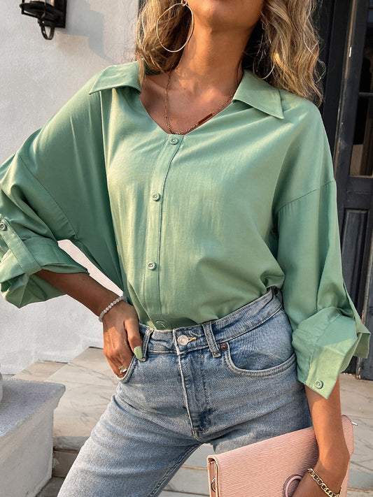 Button Down Collared Neck Long Sleeve Shirt - felvior
