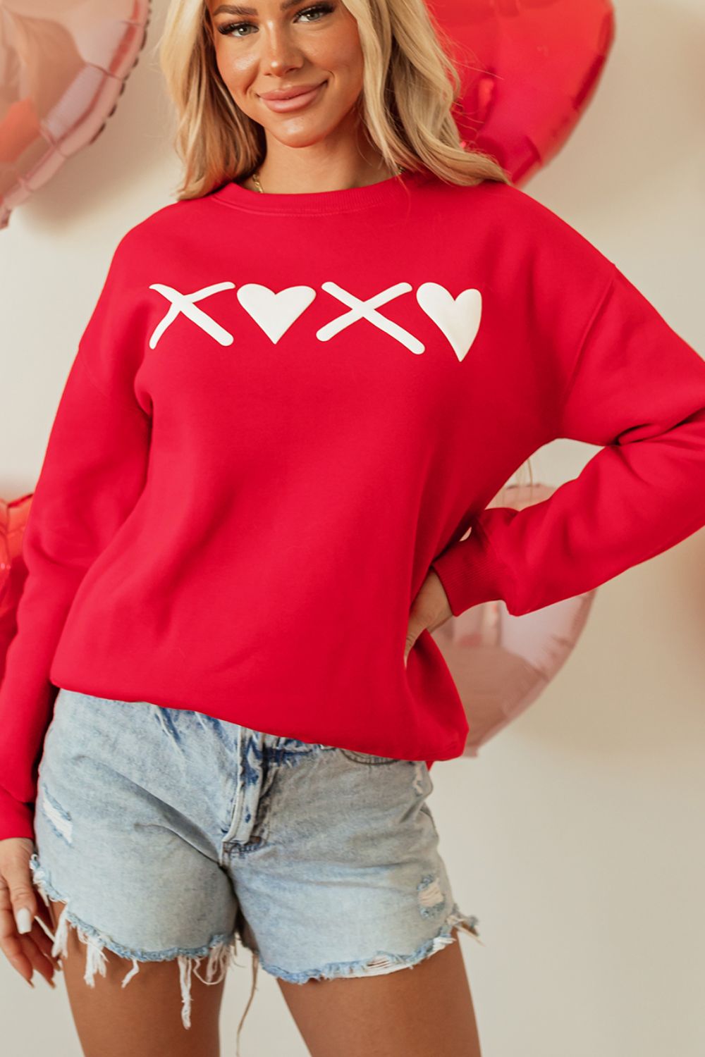 Valentine’s Day XOXO Round Neck Drop Shoulder Sweatshirt - felvior