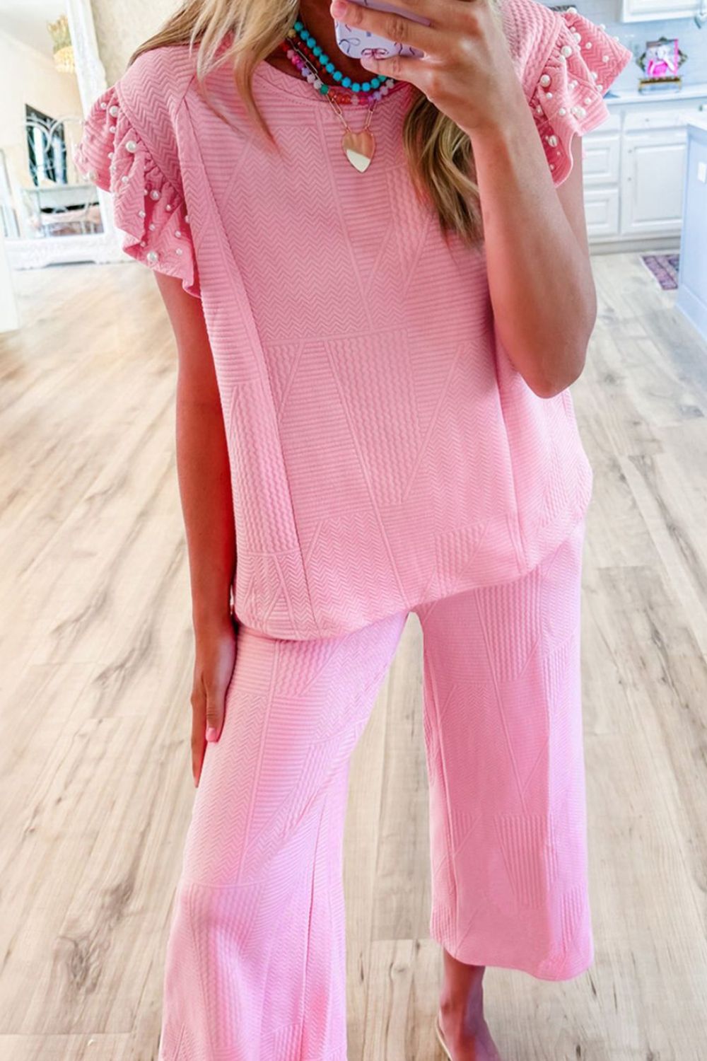 Textured Pearled Ruffled Sleeve Top and Wide Leg Pants Set - felvior