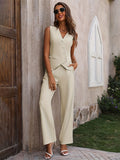 Button Down V-Neck Vest and Pants Set - felvior