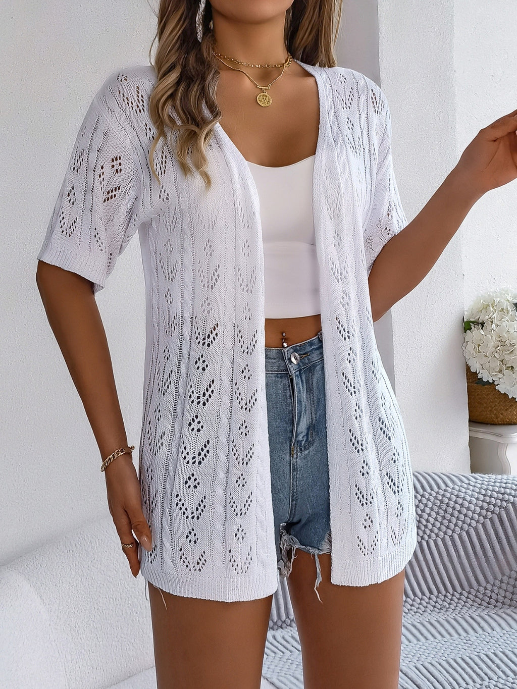 Openwork Open Front Half Sleeve Cardigan