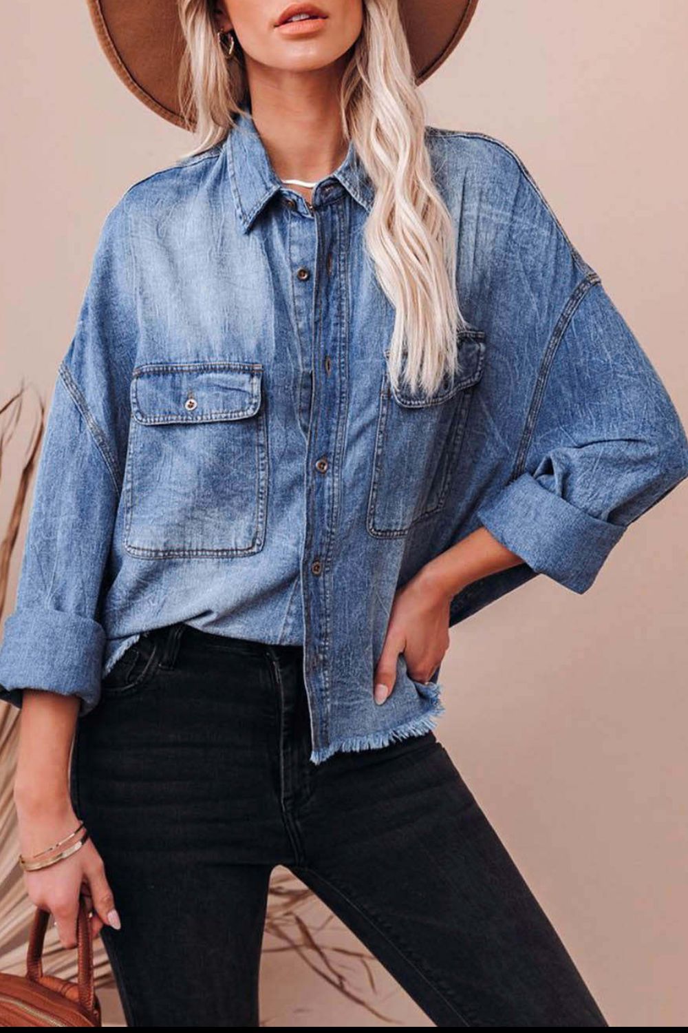 Collared Neck Raw Hem Long Sleeve Denim Shirt - felvior