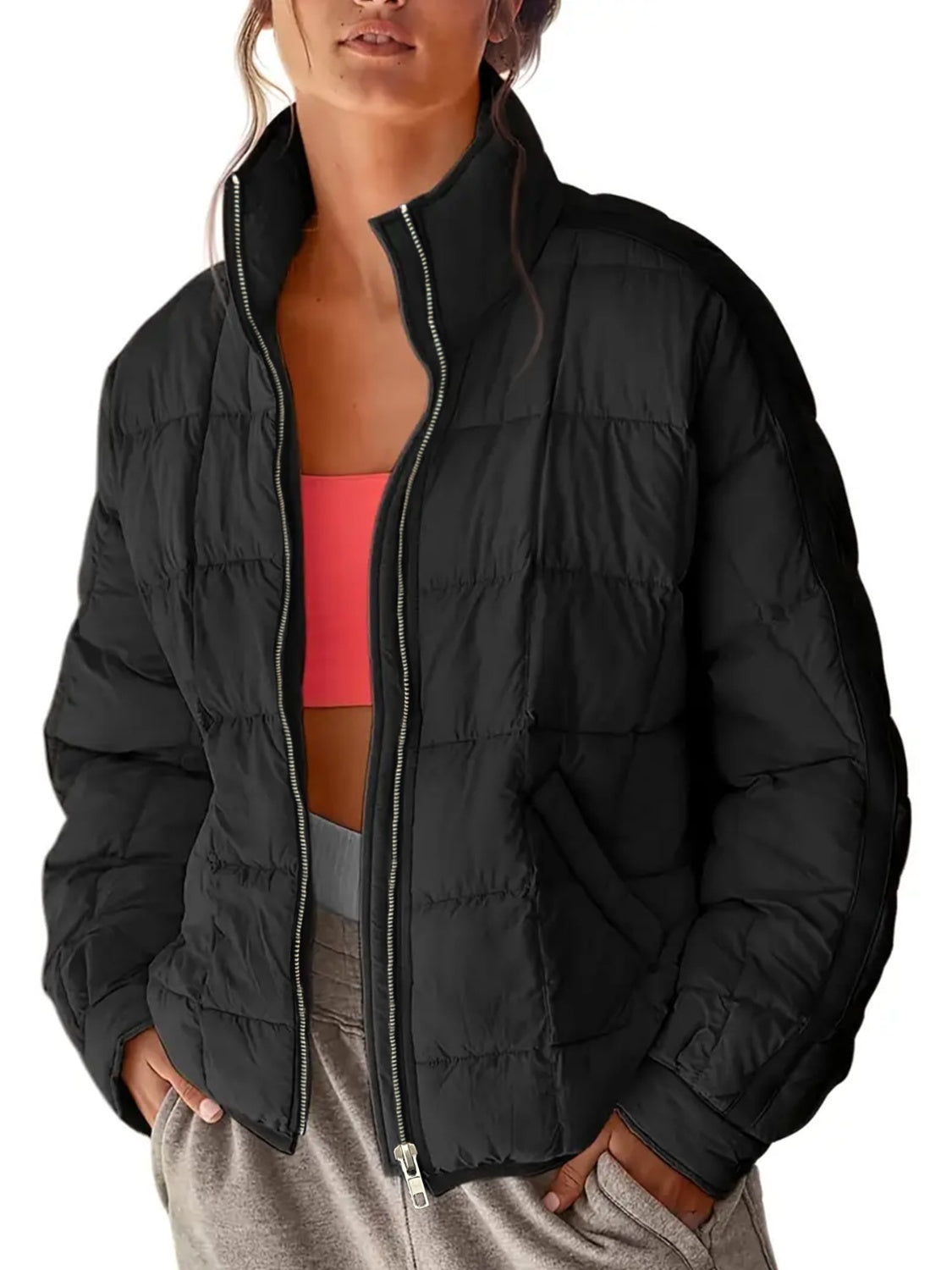 Pocketed Plaid Quilted Zip Up Winter Coat - felvior