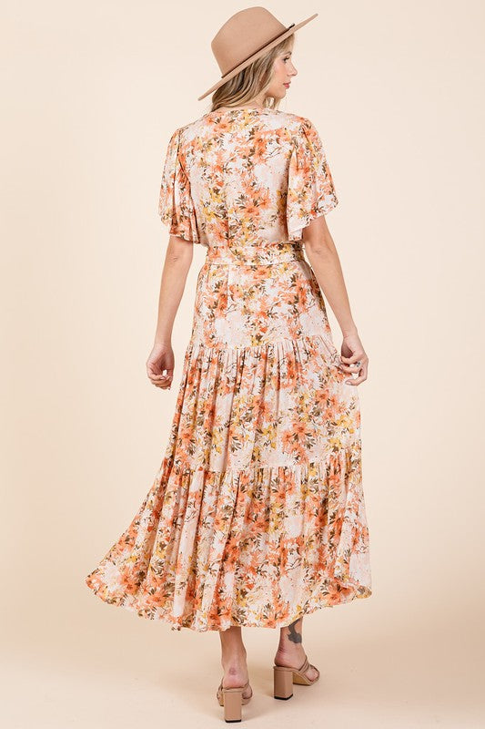 Mittoshop Floral Tie Waist Flutter Sleeve Tiered Dress - felvior