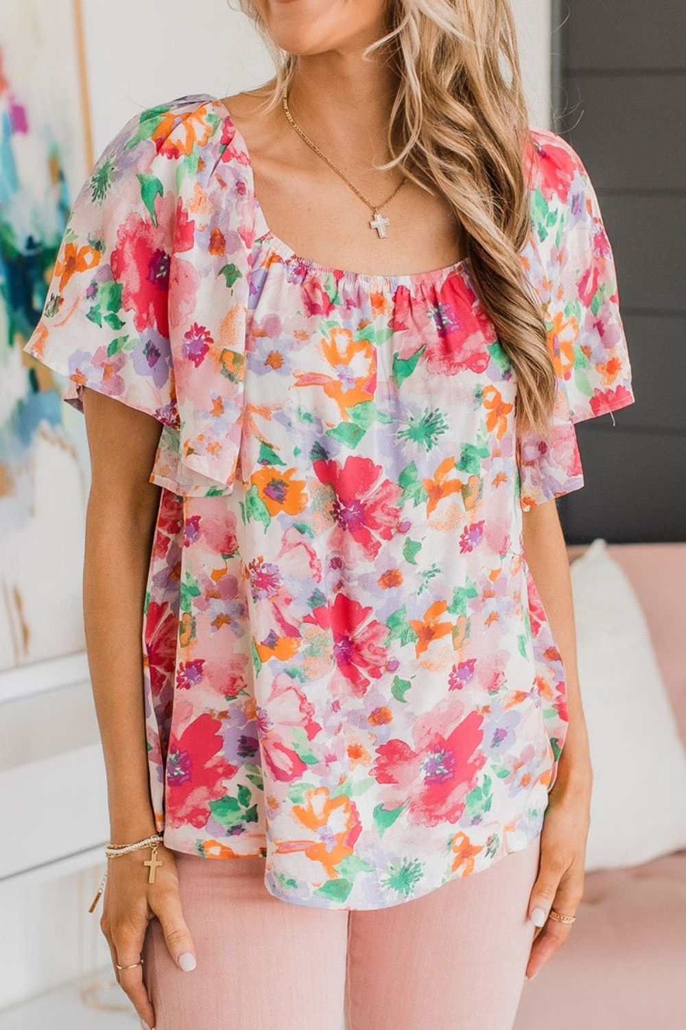 Floral Square Neck Ruffle Sleeve Blouse - felvior