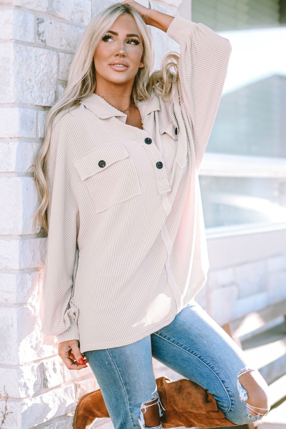 Collared Neck Half Button Long Sleeve Blouse - felvior