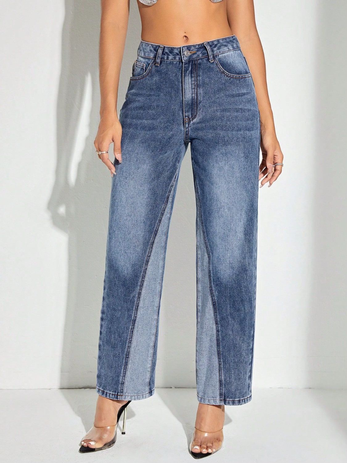 Contrast Patchwork Straight Jeans with Pockets - felvior