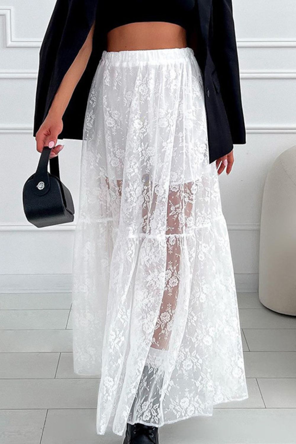 Lace Elastic Waist Maxi Skirt - felvior