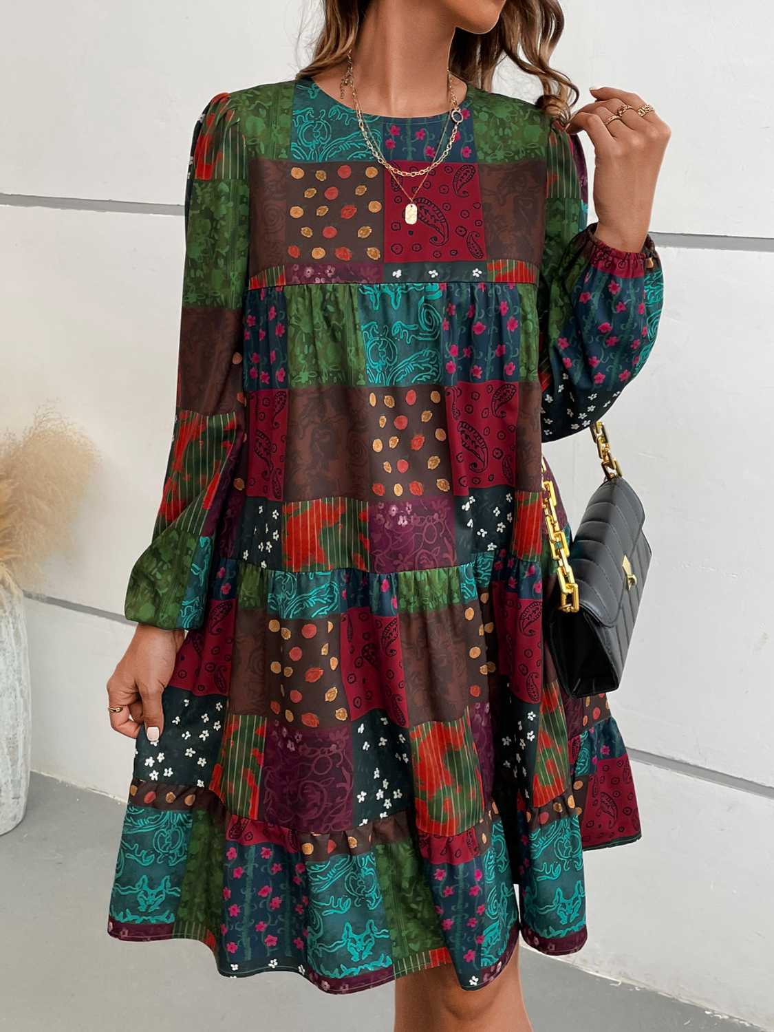 Patchwork Round Neck Long Sleeve Dress - felvior