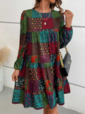 Patchwork Round Neck Long Sleeve Dress - felvior