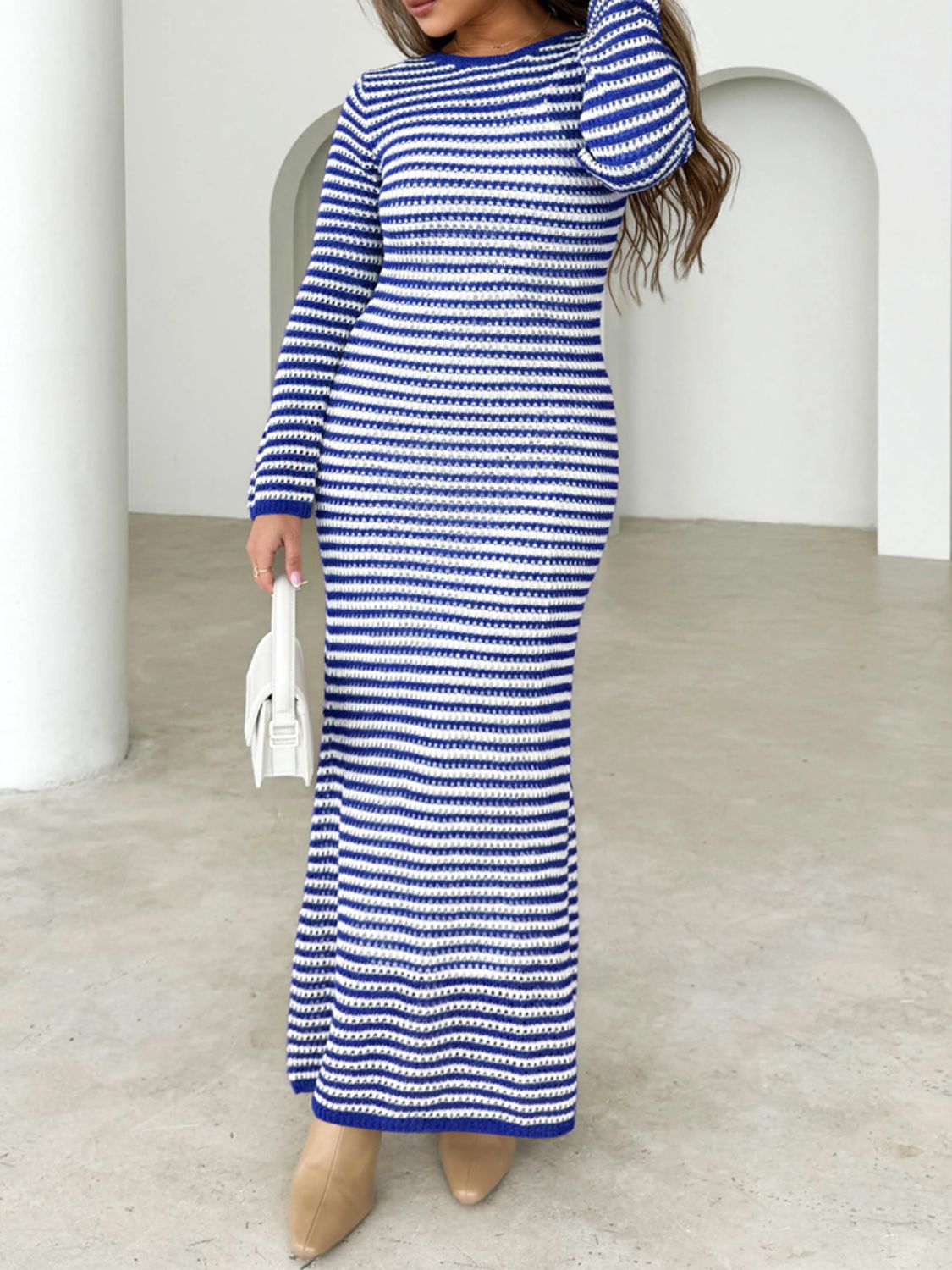 Devine Tied Round Neck Striped Sweater Dress - felvior