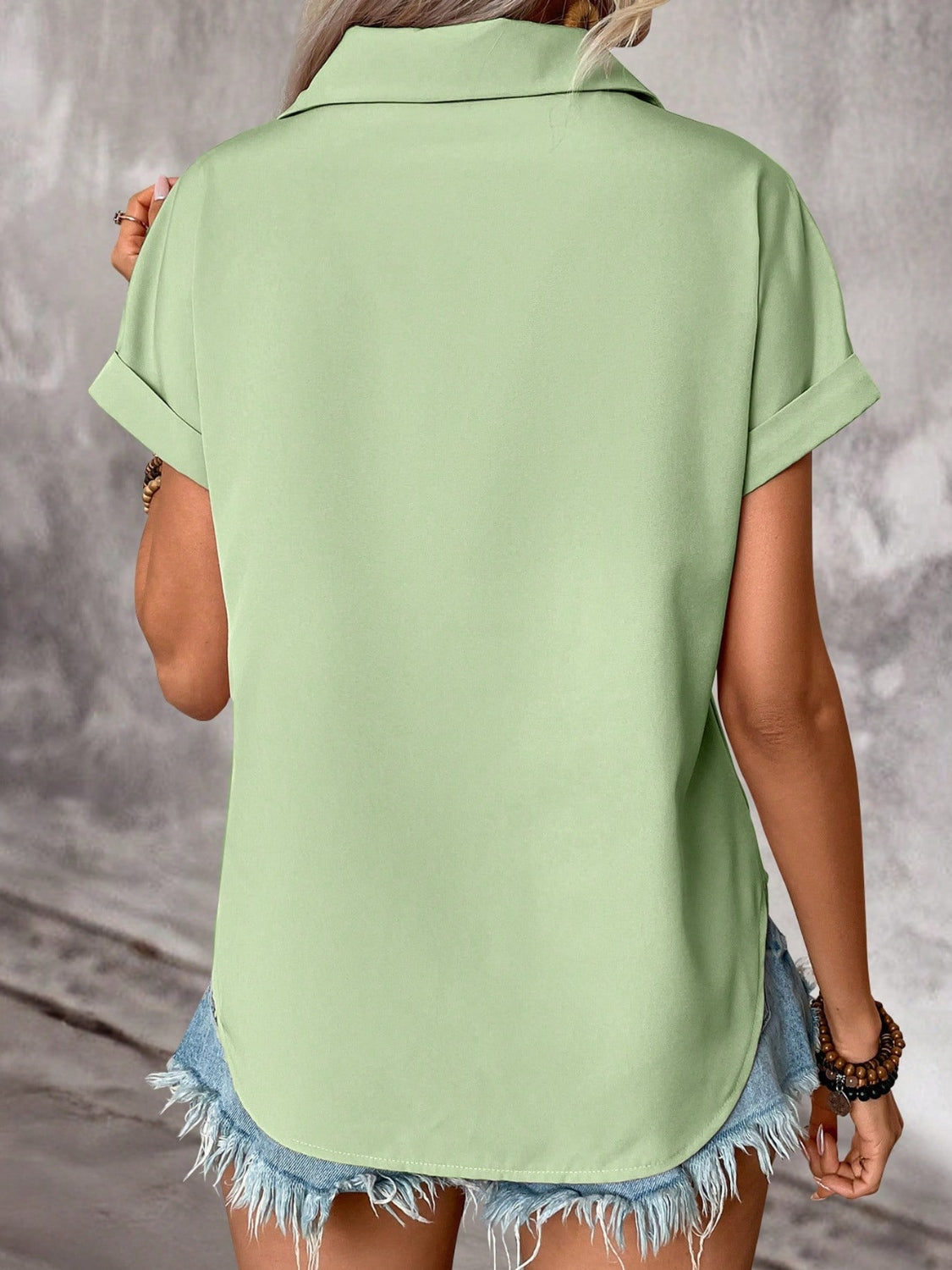 Pleated Detail Collared Neck Short Sleeve Shirt - felvior