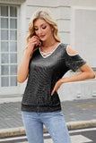 Sequin Crisscross V-Neck Cold Shoulder Blouse - felvior