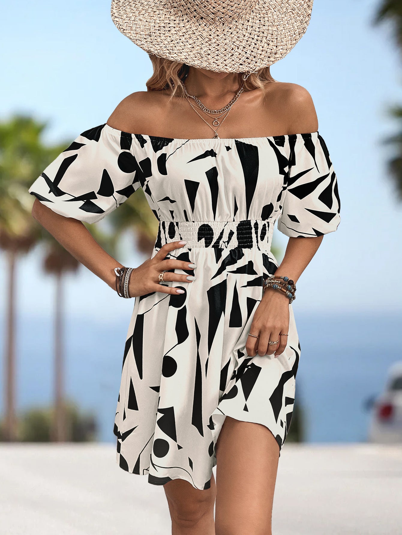 Printed Off-Shoulder Smocked Waist Dress - felvior