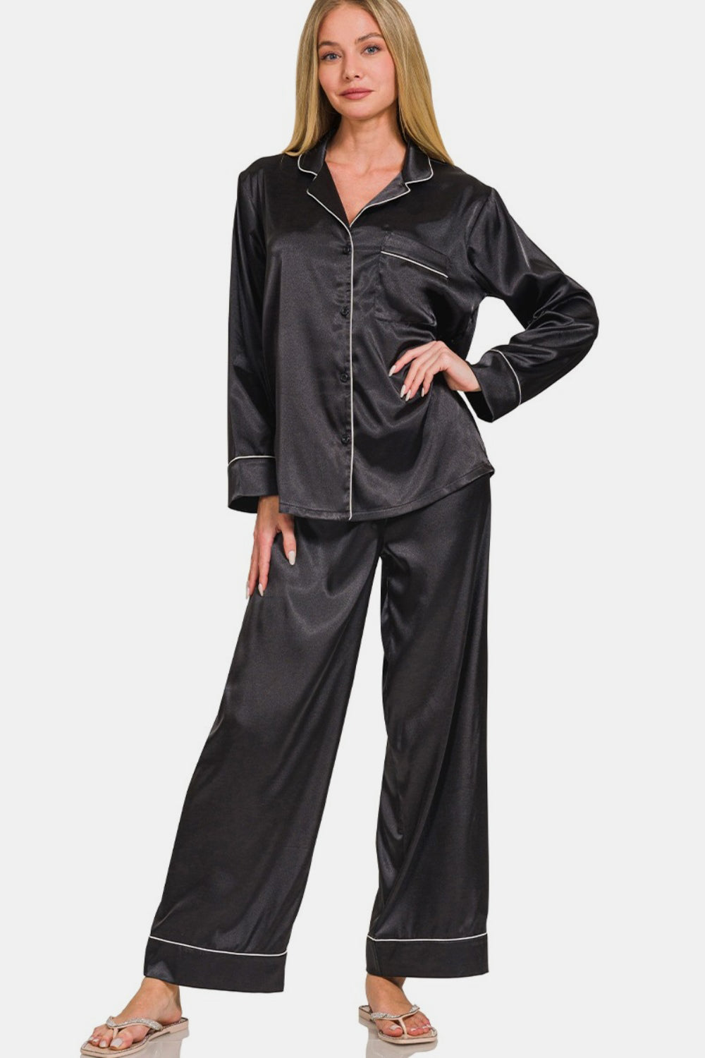 Zenana Satin Long Sleeve Shirt and Pants Pajama Set Hauptbild
