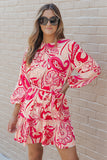 Printed Round Neck Frill Trim Dress - felvior