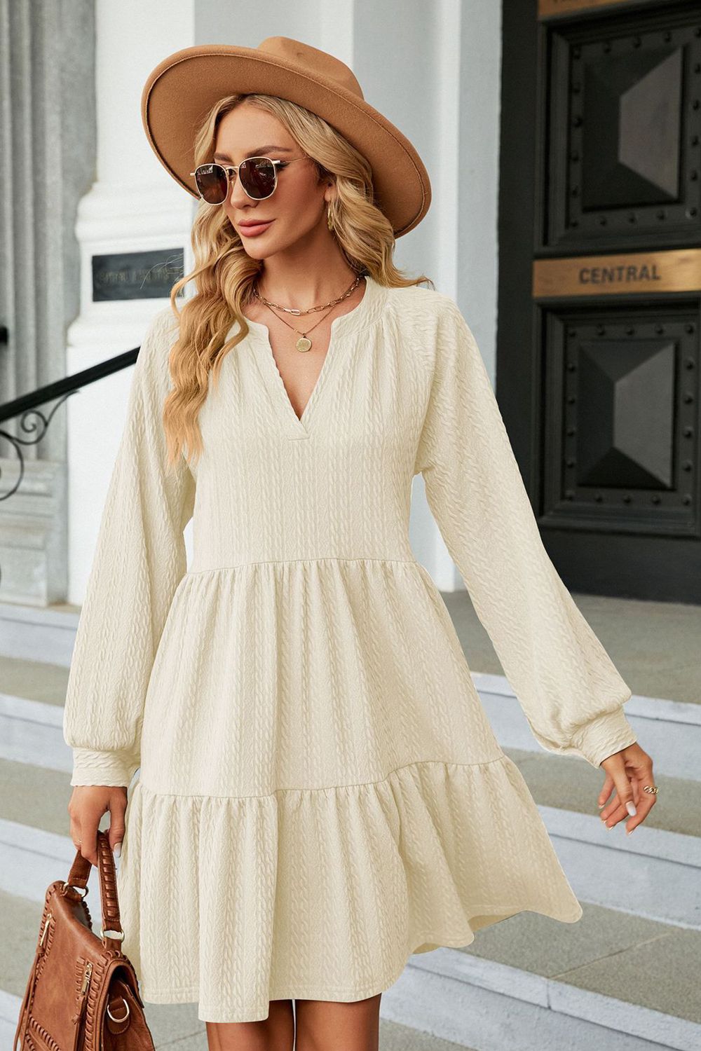 Notched Neck Long Sleeve Mini Dress - felvior