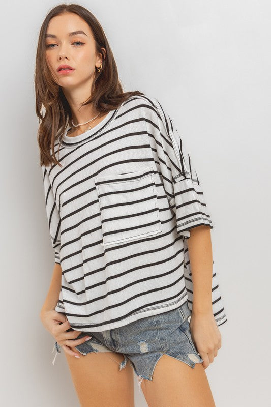 Ces Femme Side Slit Striped Round Neck Half Sleeve T-Shirt - felvior