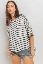 Ces Femme Side Slit Striped Round Neck Half Sleeve T-Shirt