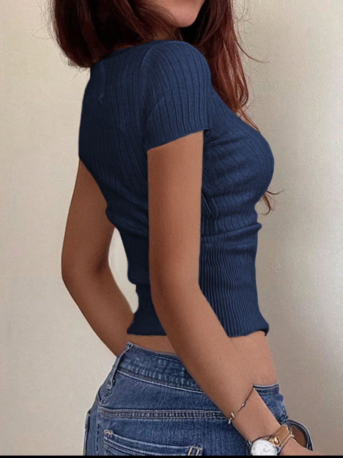 Half Button Scoop Neck Short Sleeve Knit Top - felvior