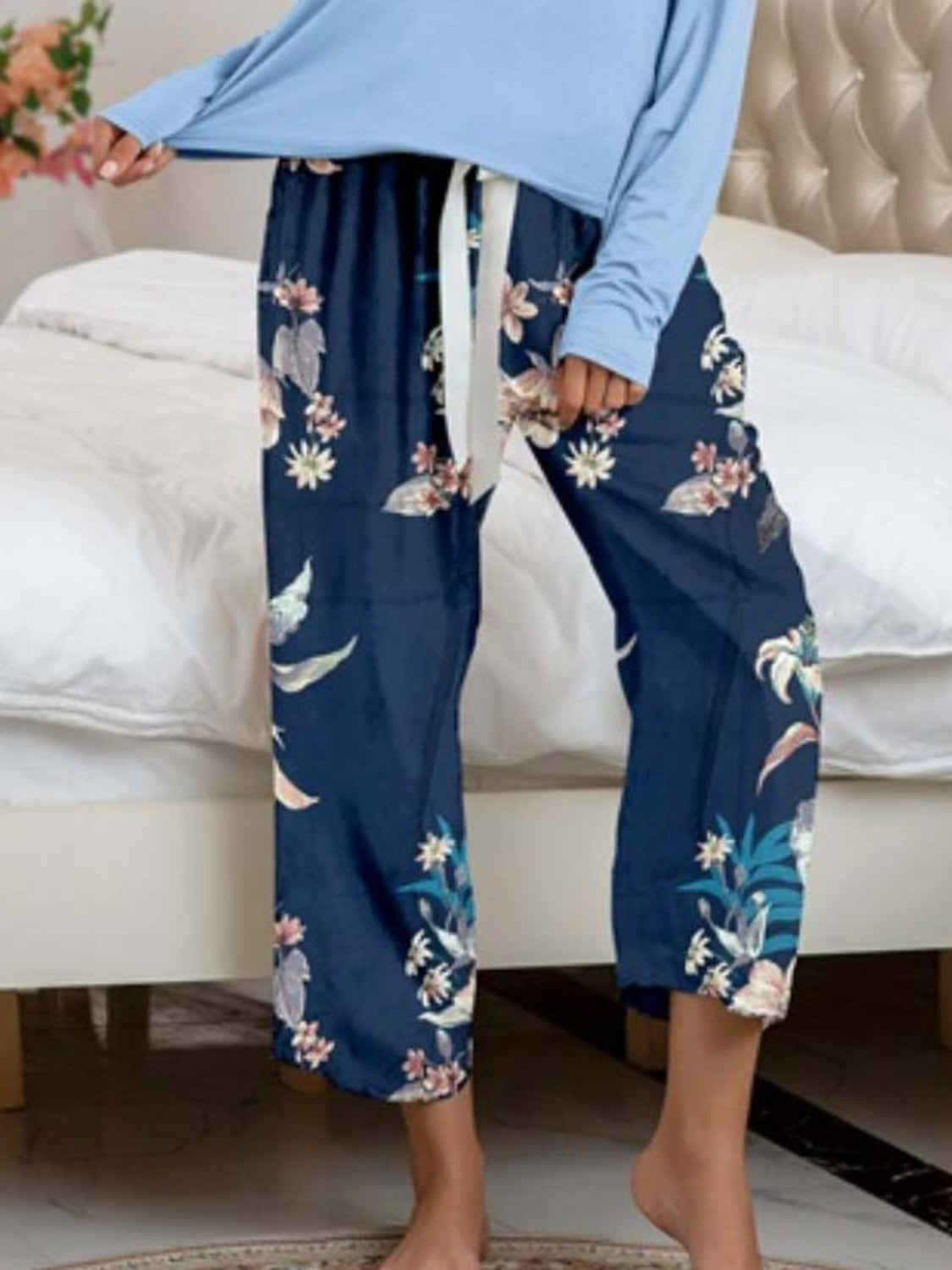Round Neck Top and Printed Pants Lounge Set - felvior