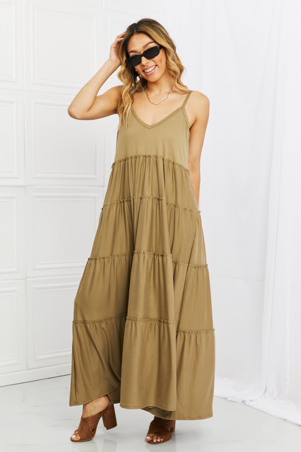 Zenana Full Size Spaghetti Strap Tiered Dress with Pockets in Khaki - felvior
