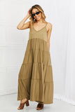 Zenana Full Size Spaghetti Strap Tiered Dress with Pockets in Khaki - felvior
