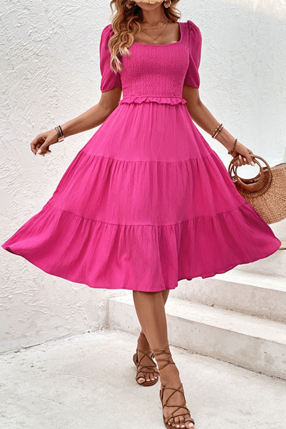 Perfee Square Neck Puff Sleeve Cutout Dress - felvior