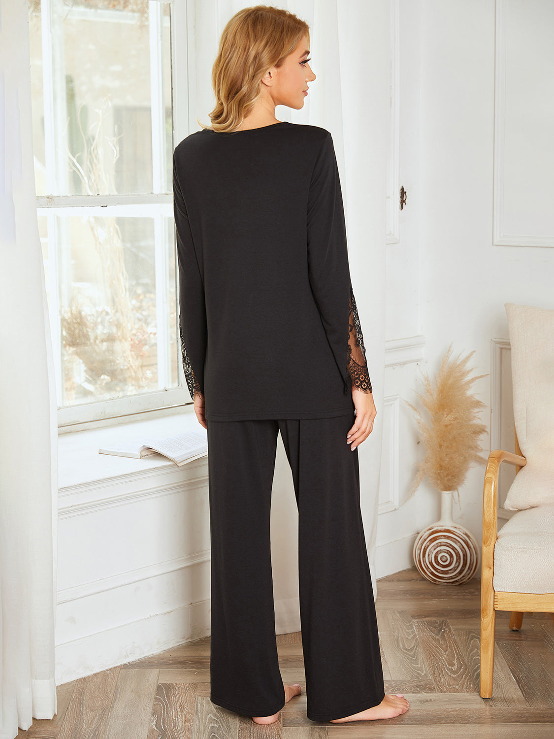 Lace Detail Long Sleeve Top and Pants Lounge Set Secondary image