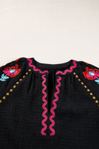 Floral Embroidered Notched Puff Sleeve Blouse