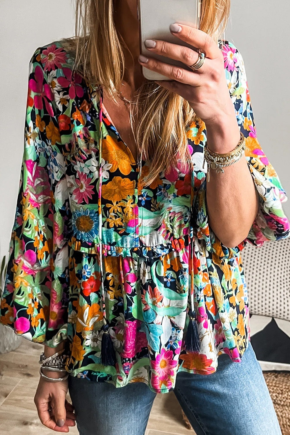 Floral Tie Neck Balloon Sleeve Blouse - felvior
