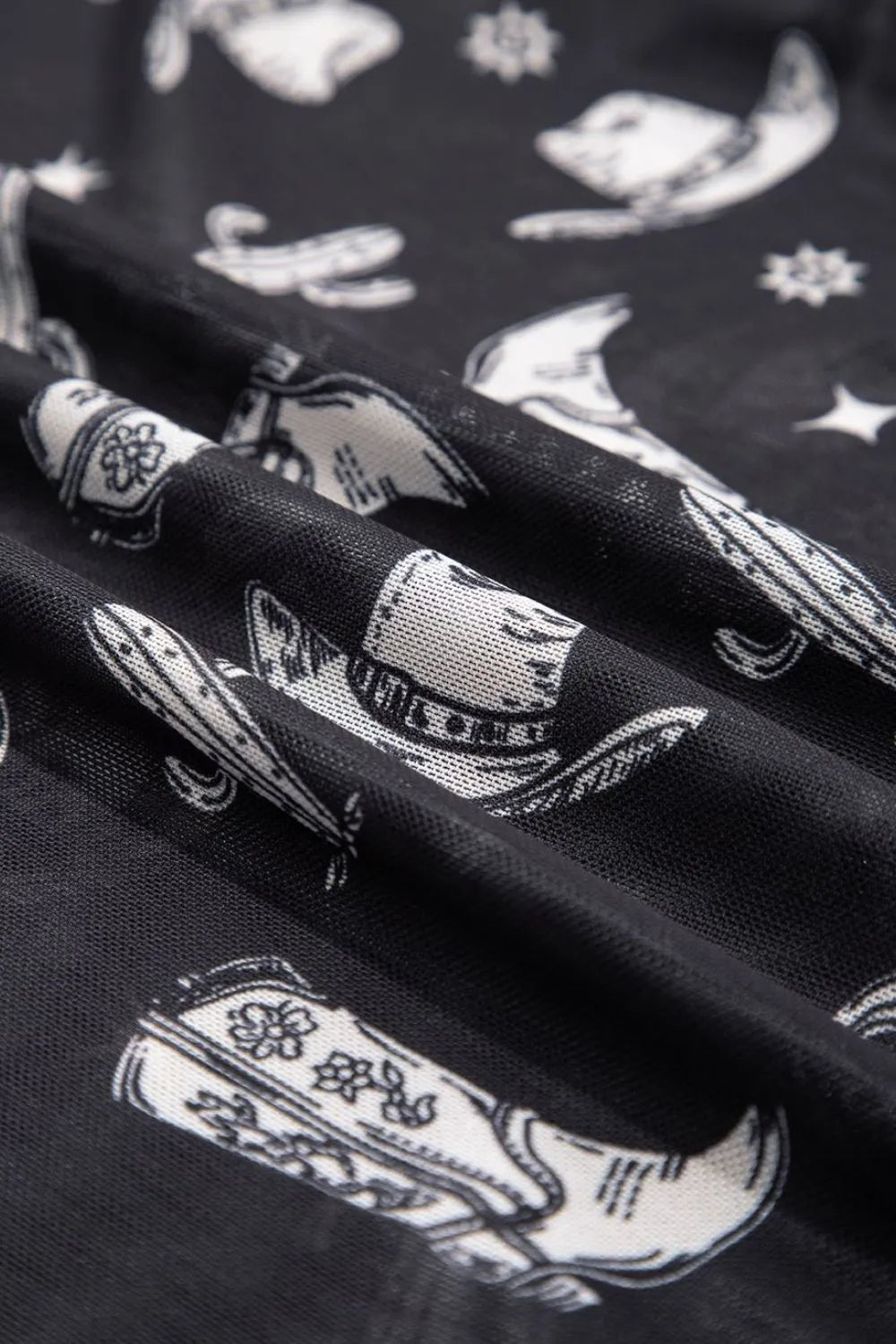 Western Pattern Mesh Sheer Crew Neck Top