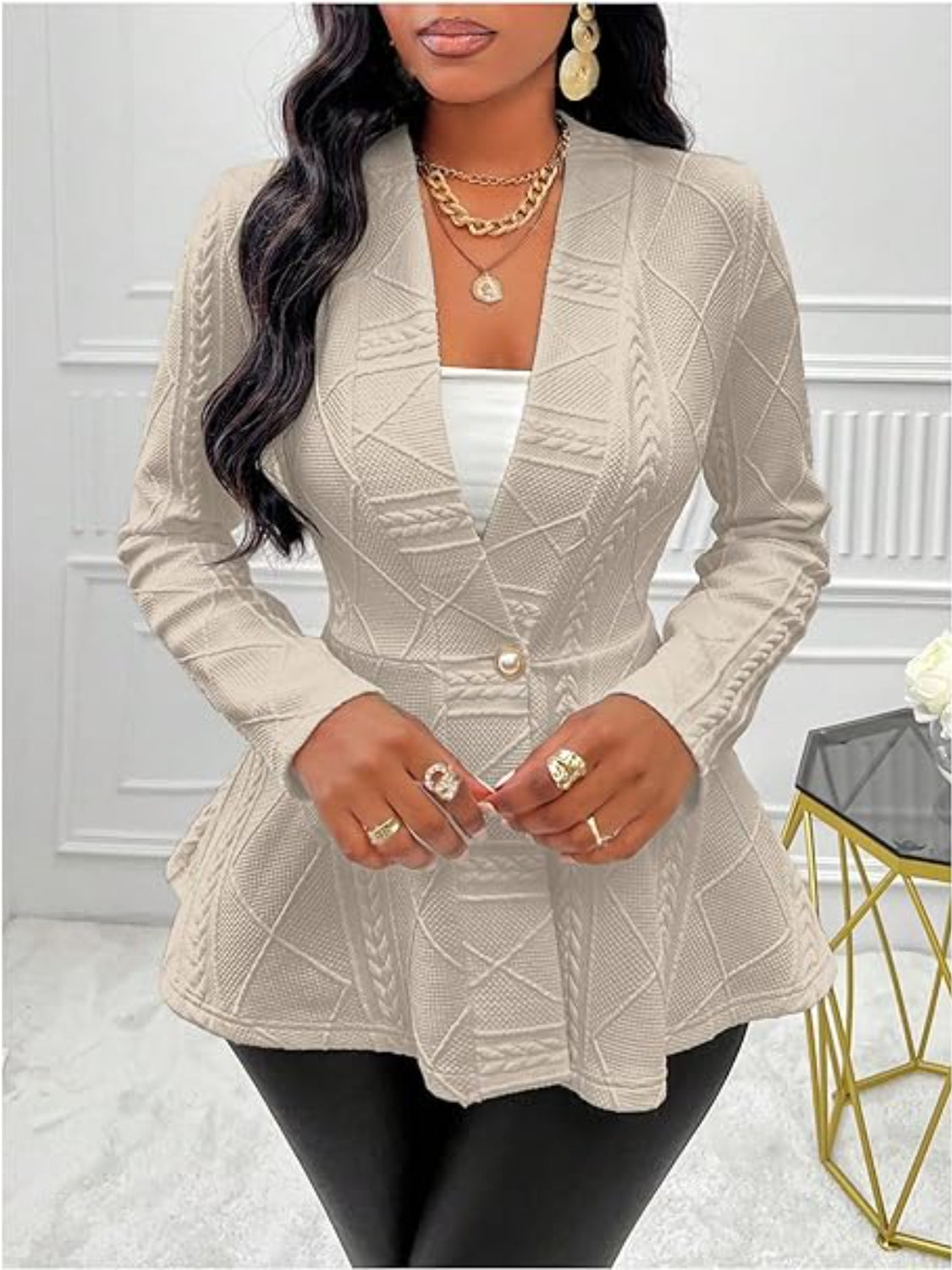 One Button Textured Peplum Cardigan - felvior