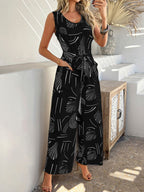 Devine Printed Round Neck Sleeveless Tie Waist Jumpsuit