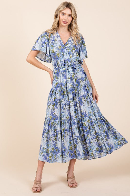 Mittoshop Floral Tie Waist Flutter Sleeve Tiered Dress - felvior