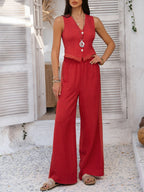 Devine Button Down Lace Detail Vest and Pants Set