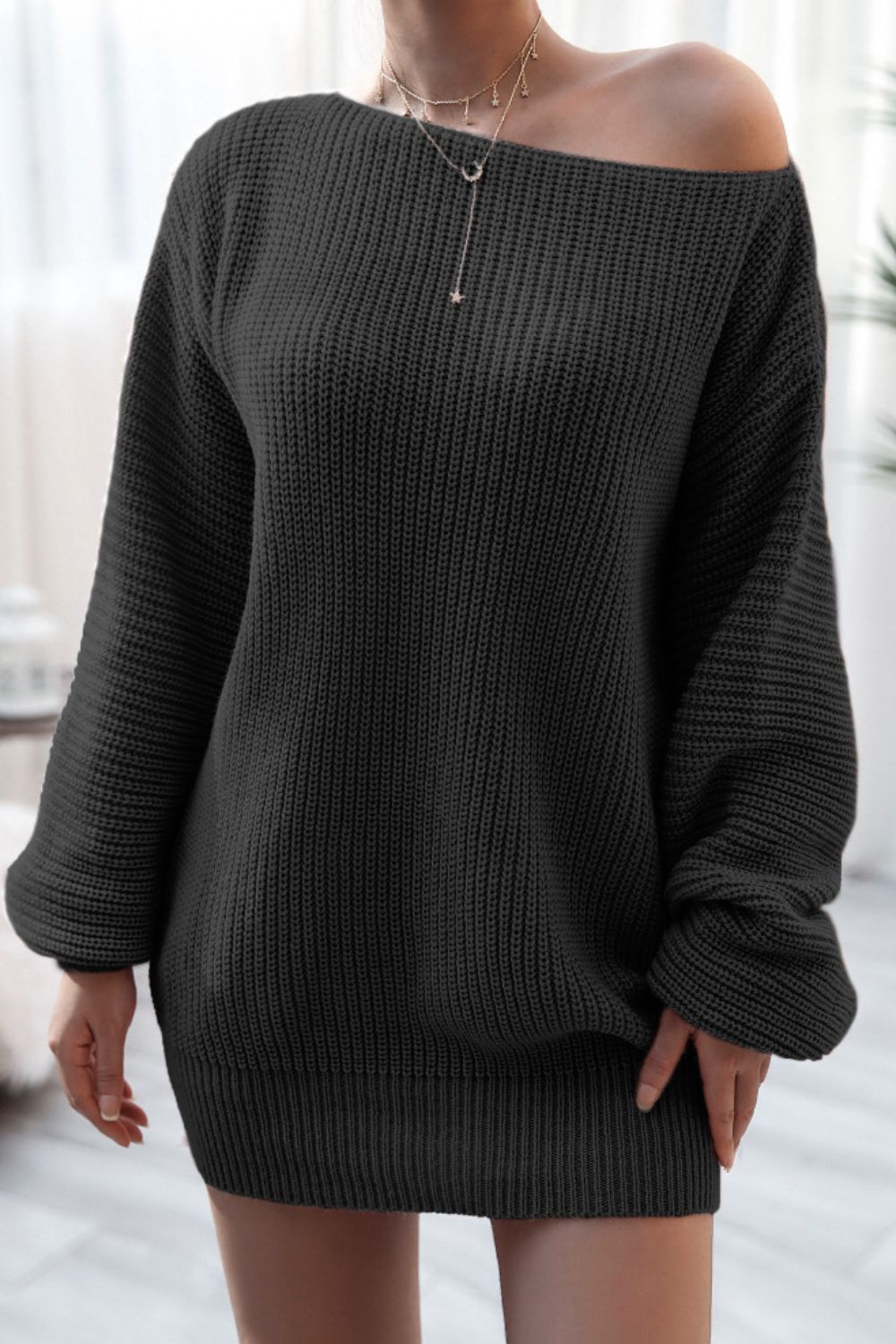 Boat Neck Long Sleeve Mini Sweater Dress - felvior